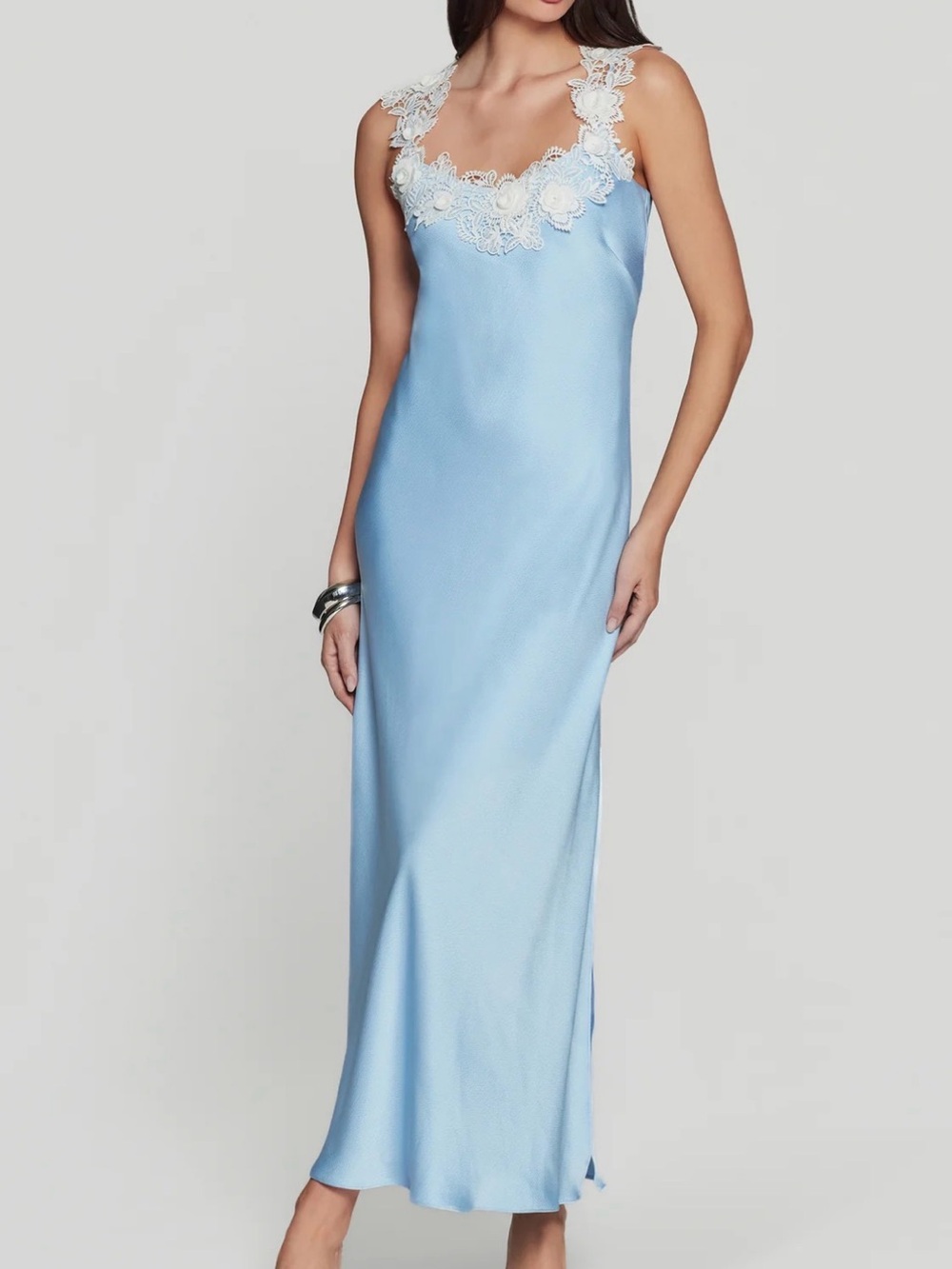Generation Love Light Blue Maxi Slip Dress with White Lace Trim